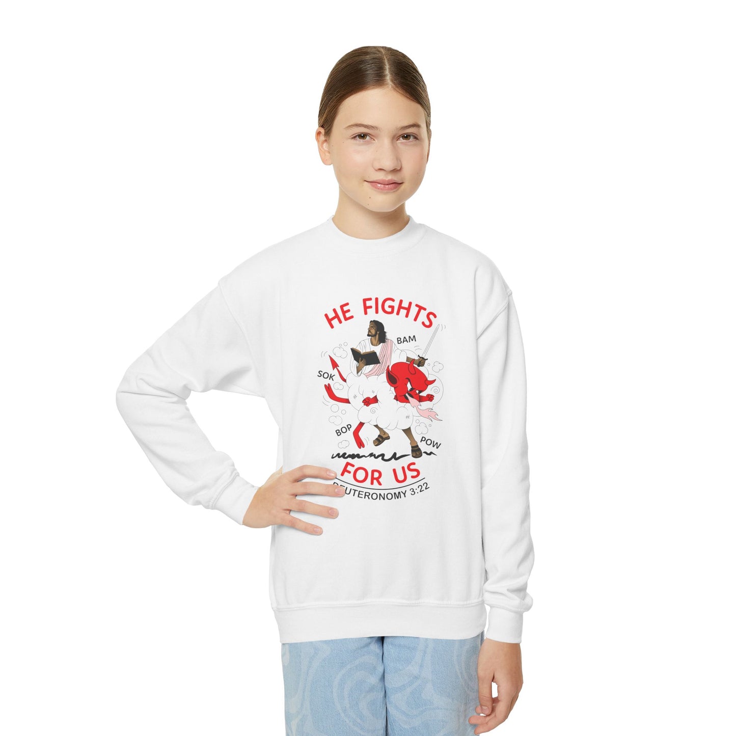 He Fights for Us Youth Crewneck Sweatshirt - White