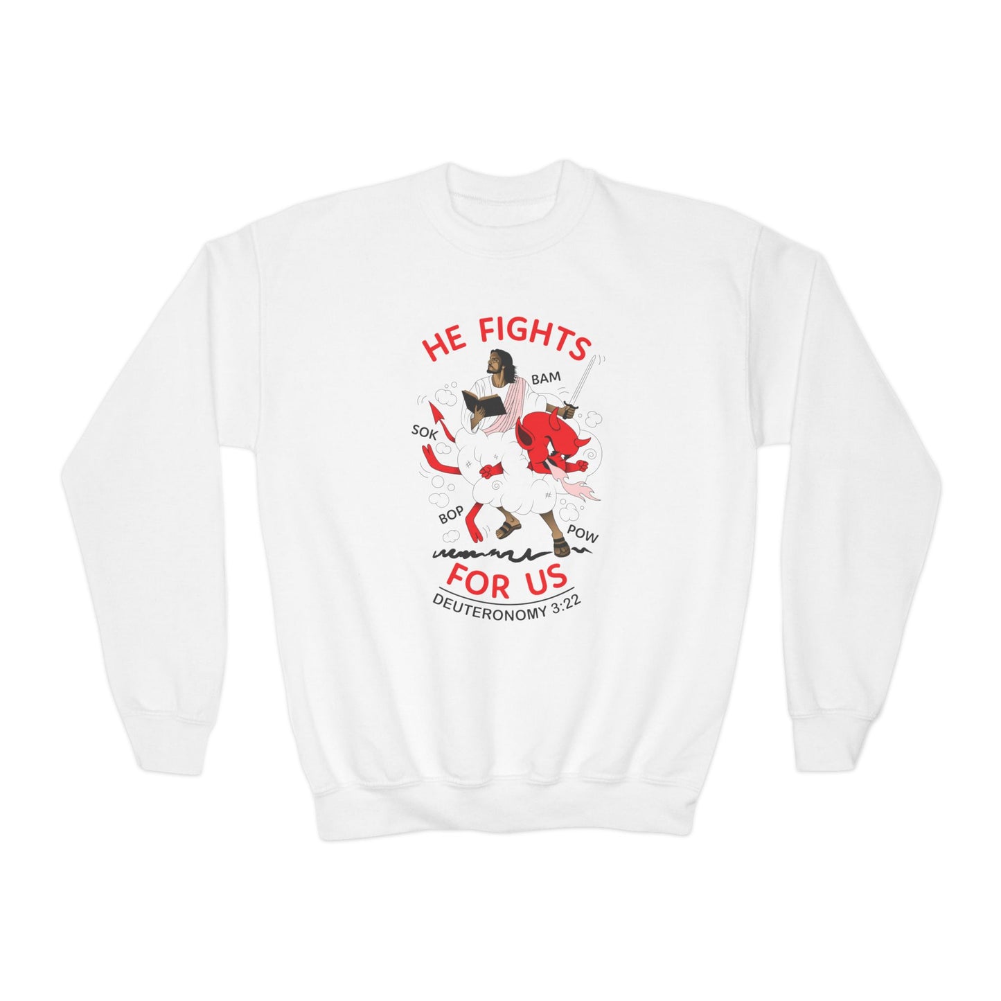 He Fights for Us Youth Crewneck Sweatshirt - White