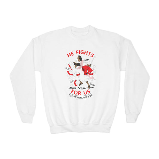 He Fights for Us Youth Crewneck Sweatshirt - White